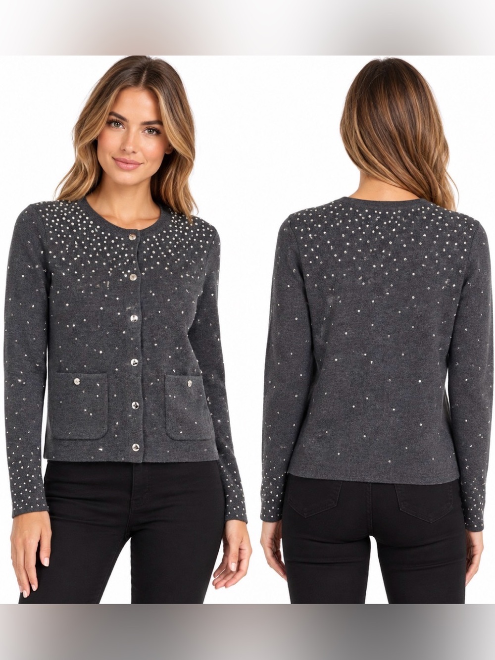 Elie Tahari NWT Rhinestone Embellished Wool Blend Cardigan Charcoal XS